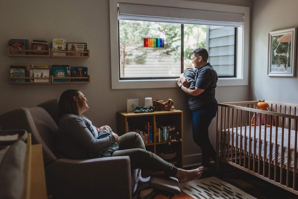 In-home editorial newborn photography session in Sandy Springs, GA featuring twin babies